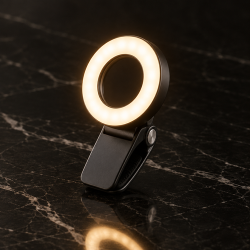 LED selfie clip light on black marble surface, premium studio product shot