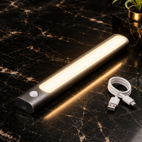 Rechargeable cabinet light studio shot on black marble no branding