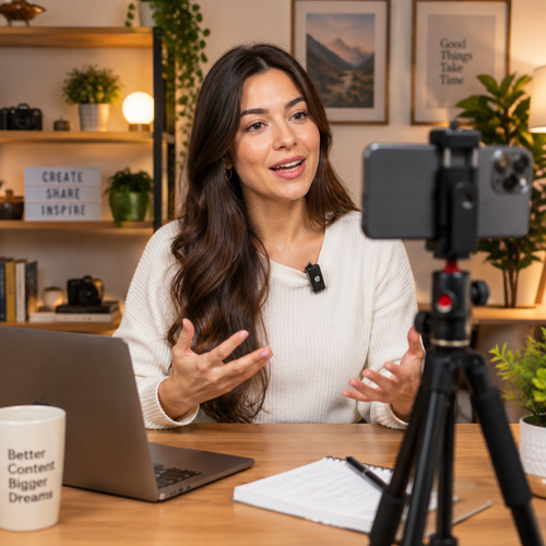 Content creator wearing wireless lavalier mic recording video at home studio