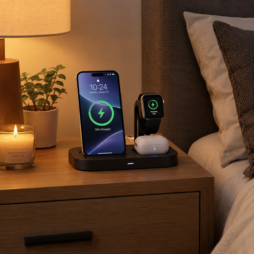 3-in-1 wireless charging station on bedside table charging phone, AirPods and watch