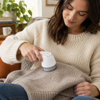 Lifestyle shot of lint remover in use on sweater