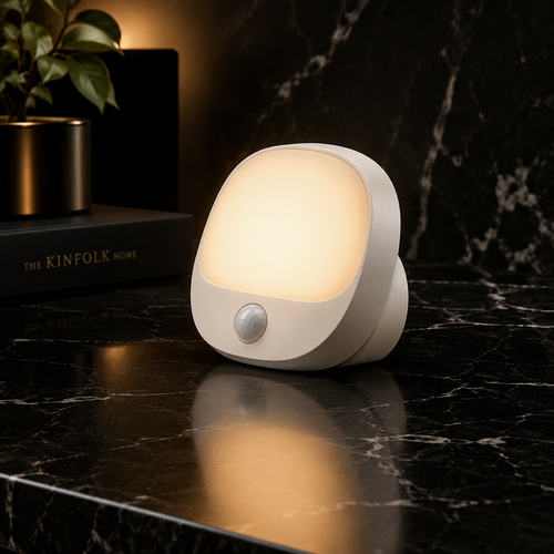 Motion sensor night light studio shot on black marble