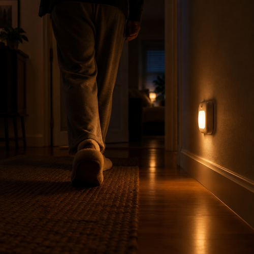 Motion sensor night light glowing in dark hallway lifestyle