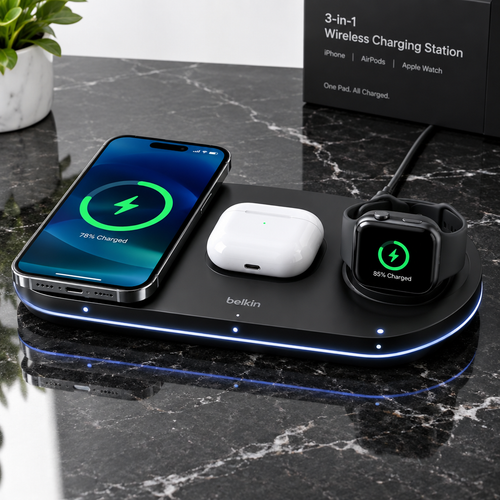 3-in-1 wireless charging station on black marble, premium studio product shot